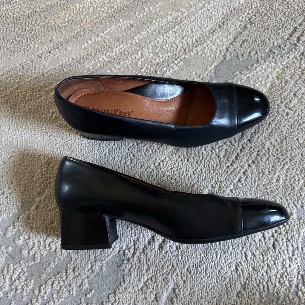 Beautifeel Black Leather Pump low black heels slip on almond toe 38 / 7 / 7.5